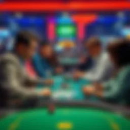 A group of people discussing gaming strategies around a table with cards and chips in front of them.