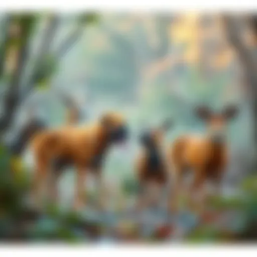A group of four-legged animals, including a dog and a deer, interacting in a natural setting.