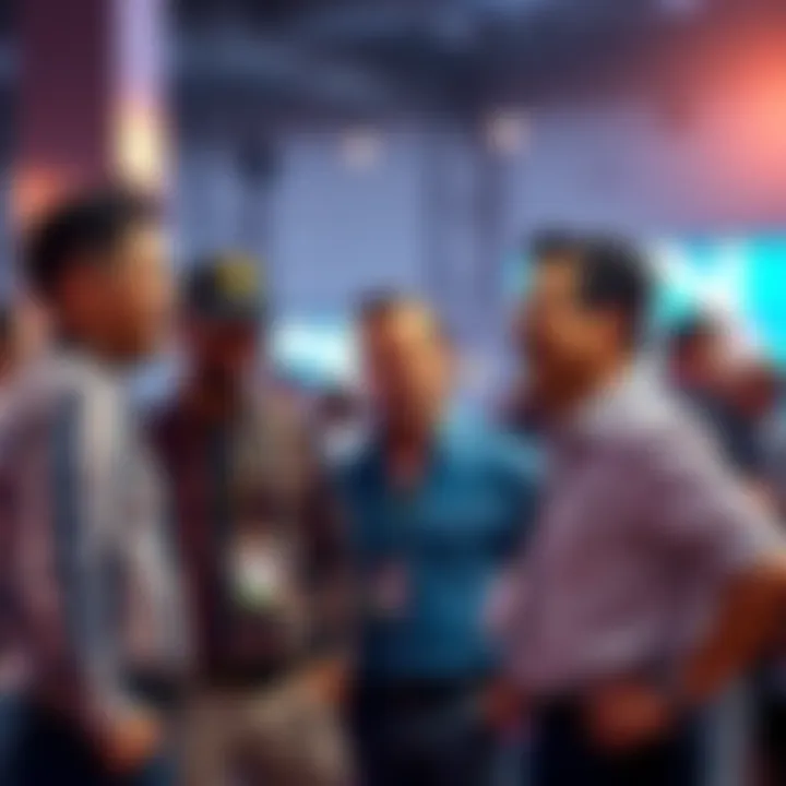 Four men standing together at a local event, appearing animated in discussion, sparking conversations around them.