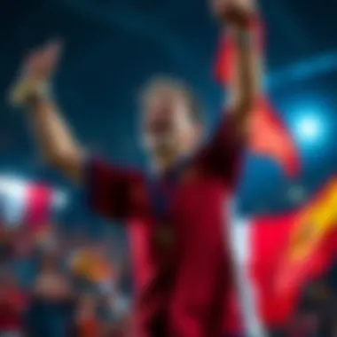 A passionate fan celebrating while wearing French team colors, holding a flag during the World Cup match against Spain