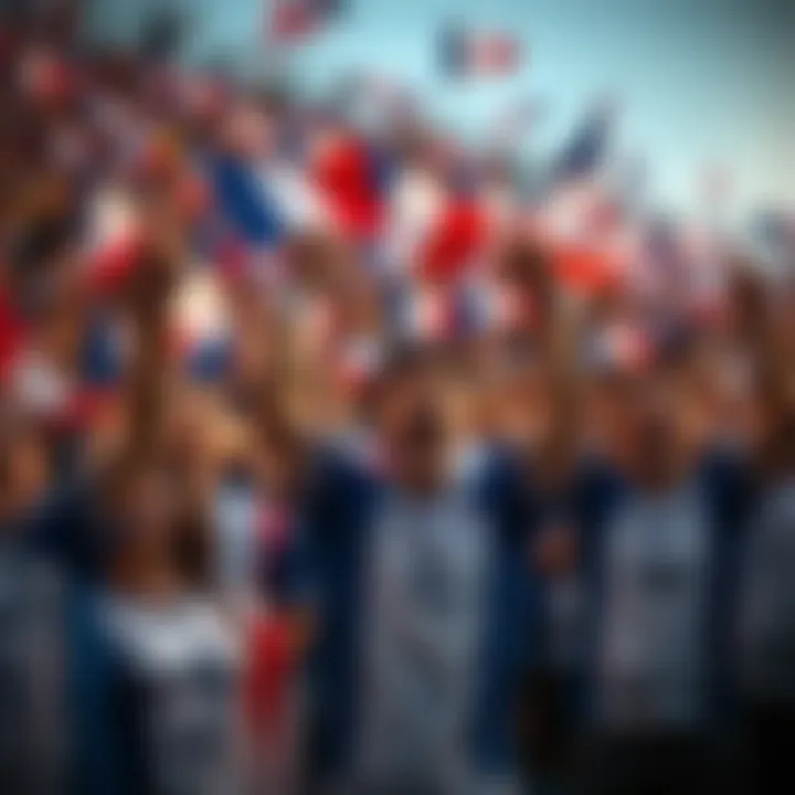 French fans cheer with flags and jerseys in a lively crowd, showing their support for the national soccer team ahead of the World Cup.