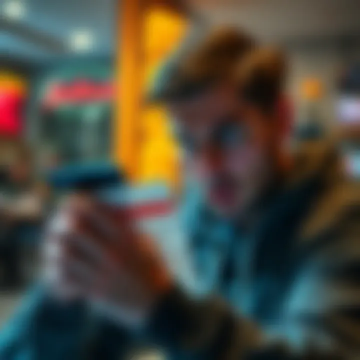 A worried person looking at a credit card statement with highlighted fraudulent charges, expressing concern about security and online transactions.