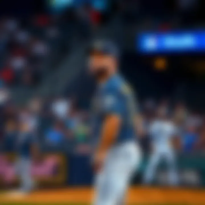 Freddy Peralta pitching during the game, looking focused as he delivers a pitch with players in the background