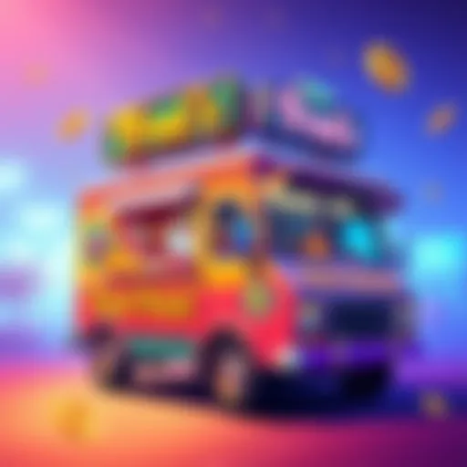 A vibrant illustration of Fred's Food Truck featuring colorful graphics and symbols from the new slot game, with food-themed icons and spinning reels, creating an exciting gaming atmosphere.