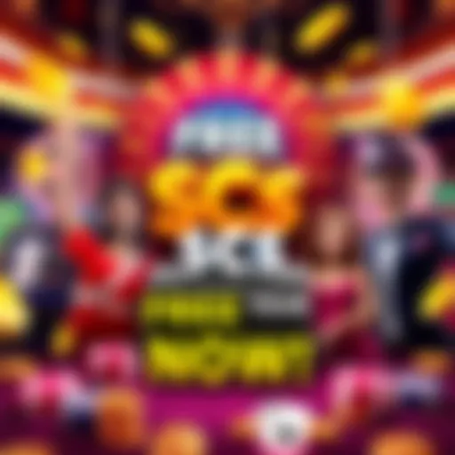 Graphic showing a casino theme with free SCs promotion, depicting coins and cheerful players, encouraging registration, and login bonuses.