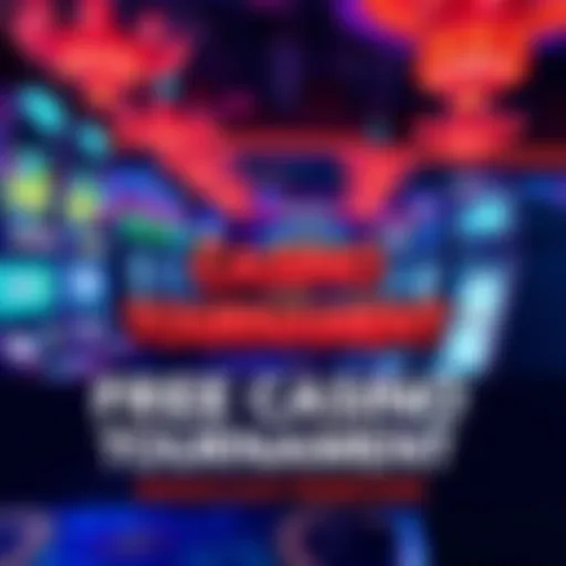 A colorful graphic showing a casino with arcade machines and slot machines, highlighting a promotion for free entries and credits.