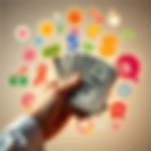A person holding cash with various symbols representing financial aid, grants, and promotions in the background