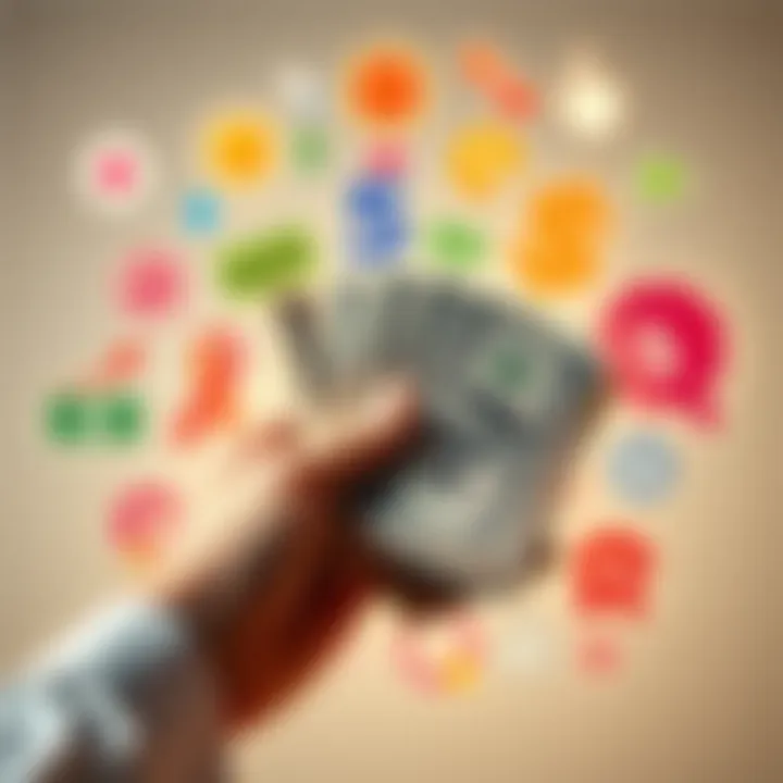 A person holding cash with various symbols representing financial aid, grants, and promotions in the background