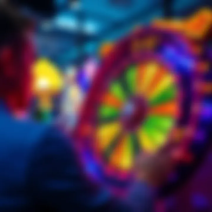 A player engaged in a vibrant online casino game, spinning a colorful wheel with exciting graphics and bright colors, showcasing the lively atmosphere of virtual gaming.