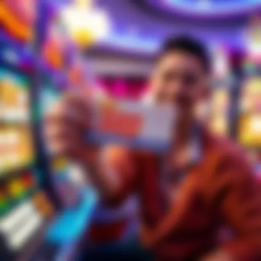 A person holding a casino card with free play credits, smiling at a slot machine.