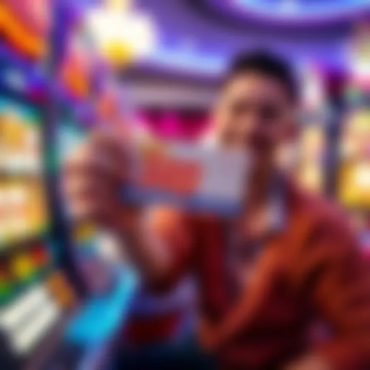 Free slot play promotion A person holding a casino card with free play credits, smiling at a slot machine.