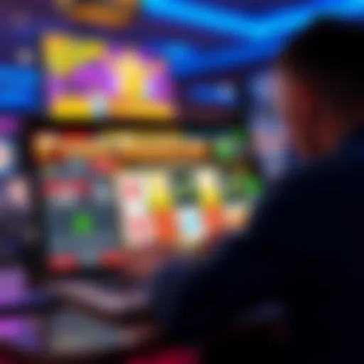 A player looking at free spins offers on a laptop screen with casino graphics in the background.