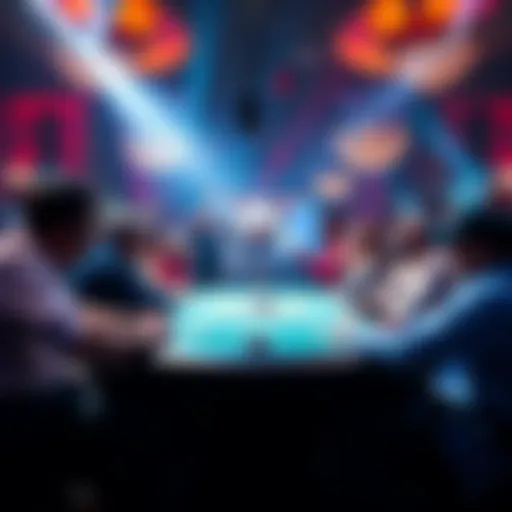 A vibrant graphic showcasing a festive freeroll event with excited participants gathered around a poker table, celebrating wins and opportunities.