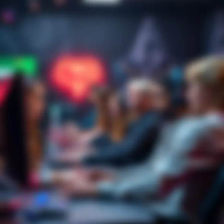 A group of diverse people playing online games on their computers, enjoying freeroll games for practice without betting real money.
