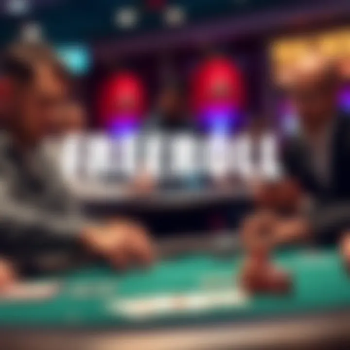 A group of poker players at a table participating in a no-cost tournament with chips and cards