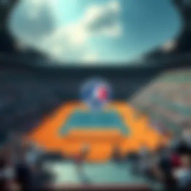 A vibrant tennis court featuring the French Open logo, surrounded by cheering fans and players preparing for a match.
