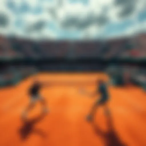 French Open Tennis Matches Tennis players competing on clay courts during the French Open with spectators in the background.