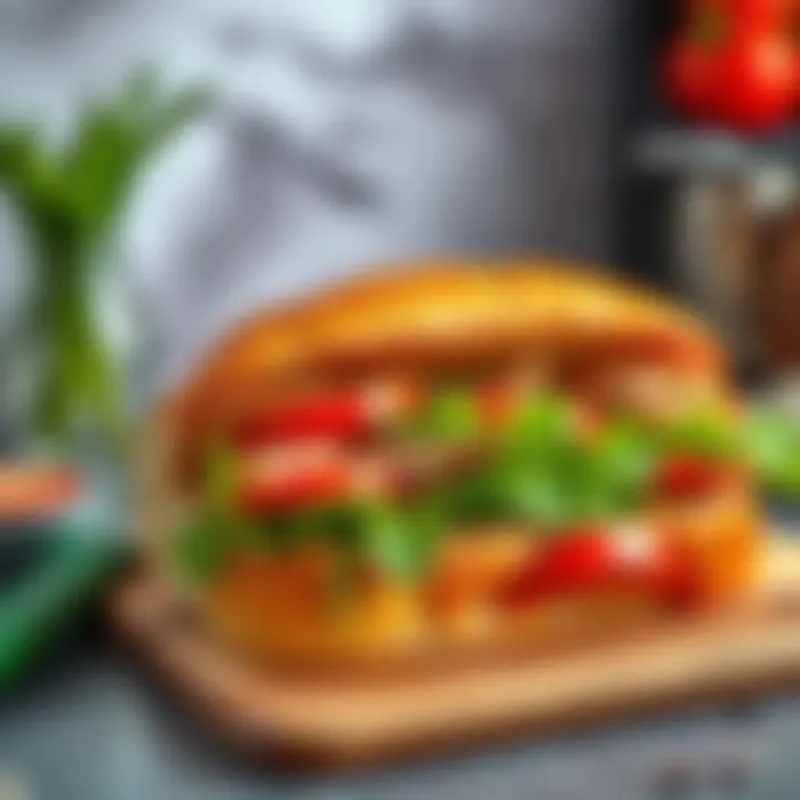 A delicious sub sandwich filled with fresh ingredients like lettuce, tomatoes, and meats on a cutting board