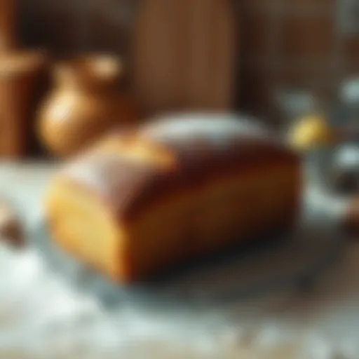 Freshly Baked Loaf of Bread A golden brown loaf of homemade bread cooling on a kitchen counter with flour and baking tools around it.