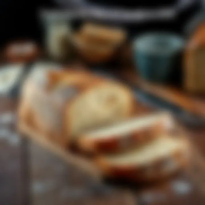 Freshly baked sourdough bread on a wooden table A loaf of sourdough bread with a golden crust, sliced and placed on a rustic wooden table, surrounded by kitchen tools like a bread knife and flour.