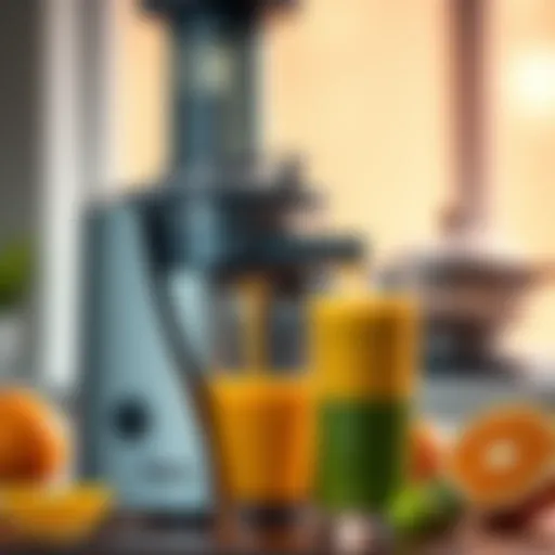 A sleek, modern juicer with fresh orange and green juice being poured into a glass