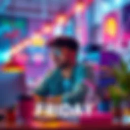 A vibrant scene depicting a person enjoying a productive workspace and leisure activities on a Friday