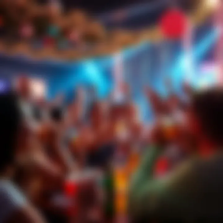 A lively gathering of people celebrating on a Friday night with drinks and laughter, filled with bright lights and festive decorations.
