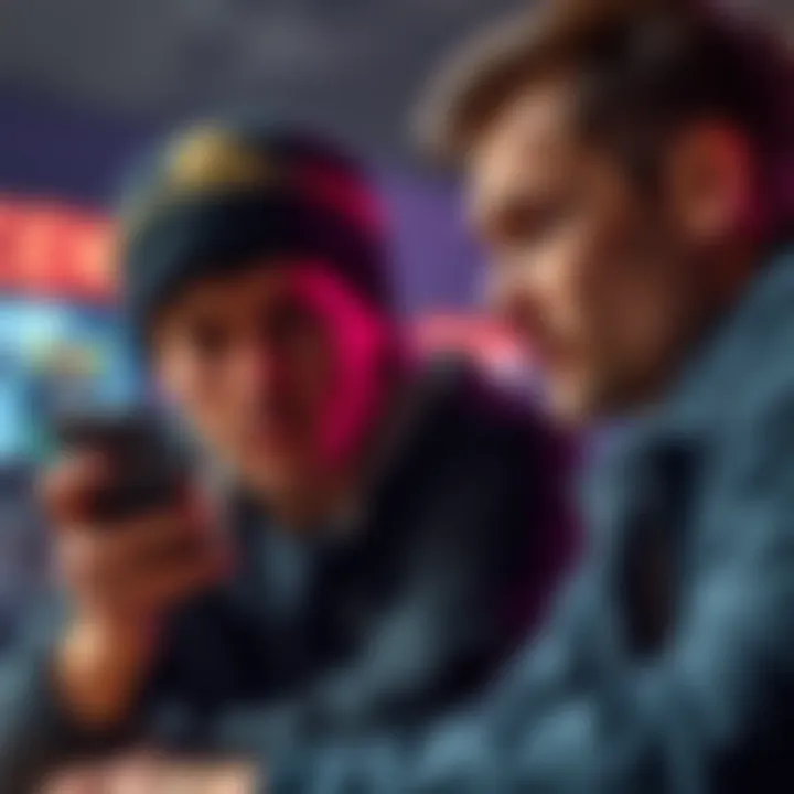 Friend Asking for Gambling Account A worried person looks at a phone, showing a sports betting app, while a friend looks on nervously. The scene conveys hesitation and trust issues.