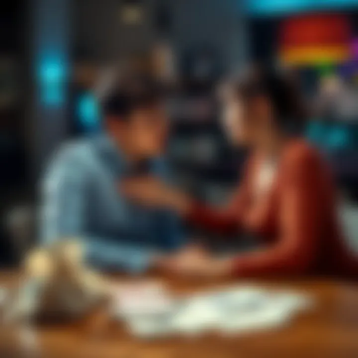 A person offers support to a friend sitting at a table, looking worried with debt notices around them.