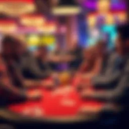 Friendly Poker Players at the Table A group of poker players smiling and chatting at a casino table, showing camaraderie and enjoyment during a game.