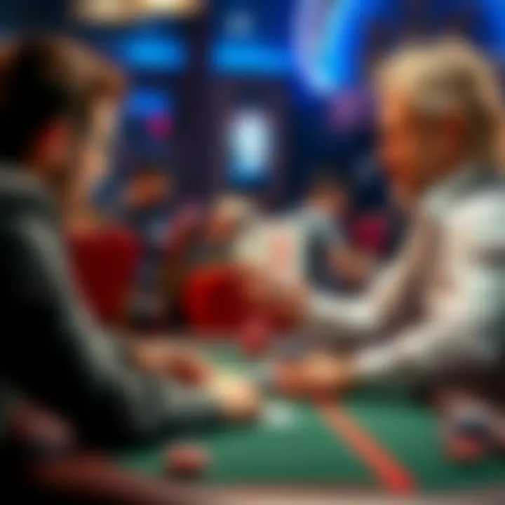 Two players at a poker table debating the winner, one showing a pair and the other showing a high card.