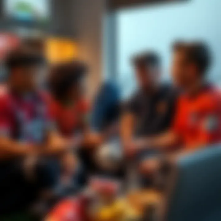 Group of friends placing bets on World Cup Friends sitting together and discussing betting strategies for the World Cup, with soccer jerseys and snacks around