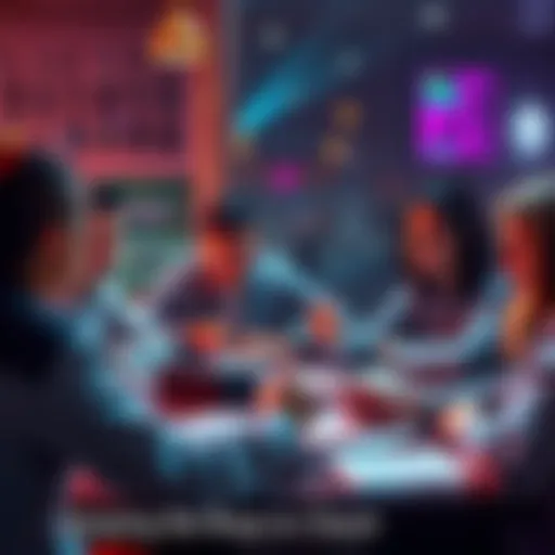A group of friends sitting around a table, talking about money and accountability, with cash and financial documents in front of them.