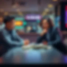 Two friends sit at a table, contemplating sharing a large sum of money while expressing trust and concern on their faces.