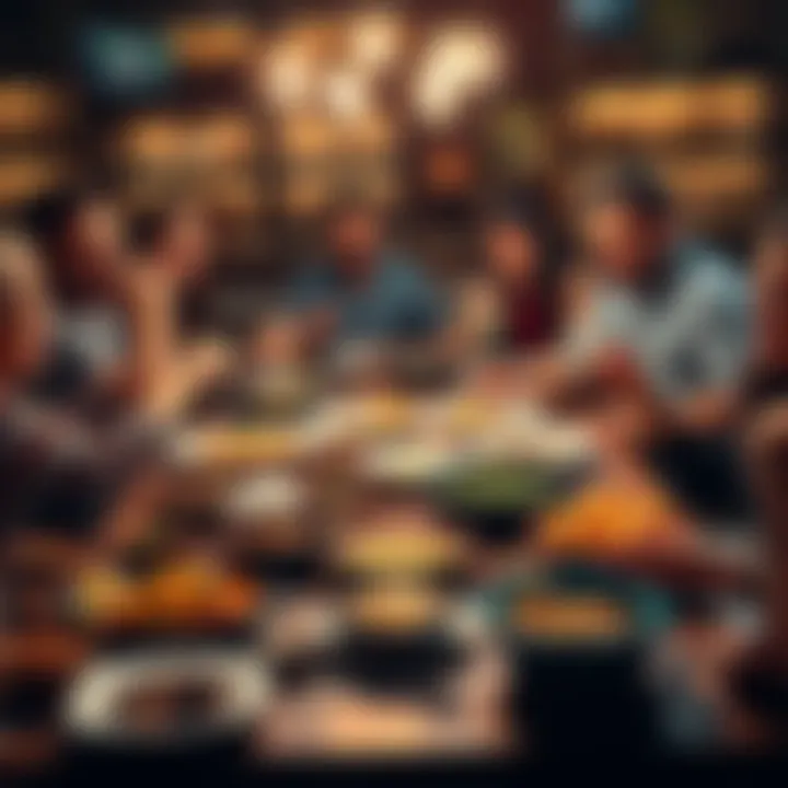 Friends enjoying a meal together A group of friends sharing a delicious feast at a dining table, with various colorful dishes spread out