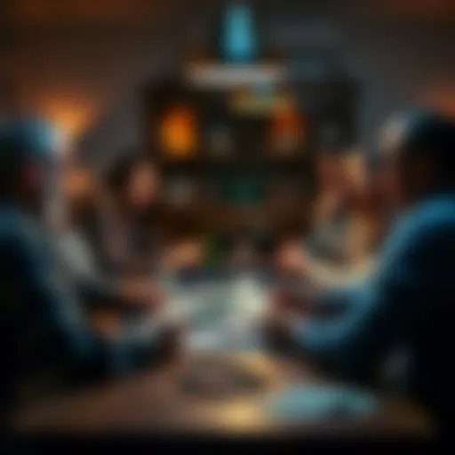 A group of friends gathered around a table, playing cards in a home setting, with chips and drinks on the table, showing a friendly atmosphere.