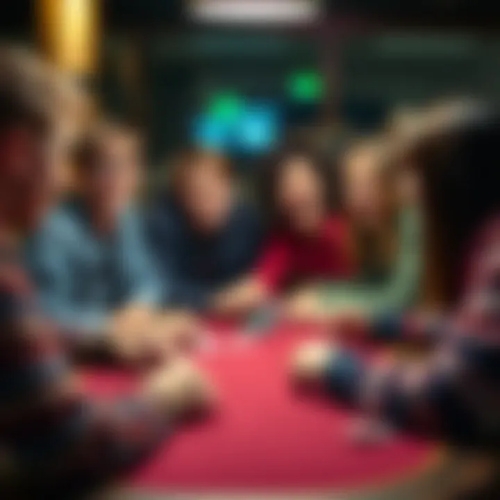 Friends Playing Fake Money Poker A group of young friends gathered around a table, playing poker with chips and cards, laughing and enjoying the game without any real money involved.