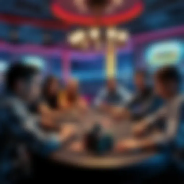 A group of friends gathered around a poker table in Las Vegas, engaged in a heated game with chips stacked high and competitive expressions.