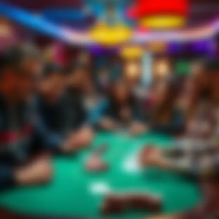 Friends laughing and playing at a casino table, showcasing their cards and chips while discussing strategies