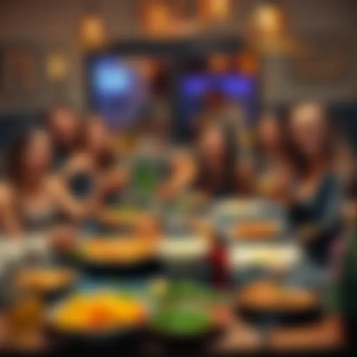 A group of friends sharing a delicious meal, smiling and laughing around a dining table filled with various dishes.
