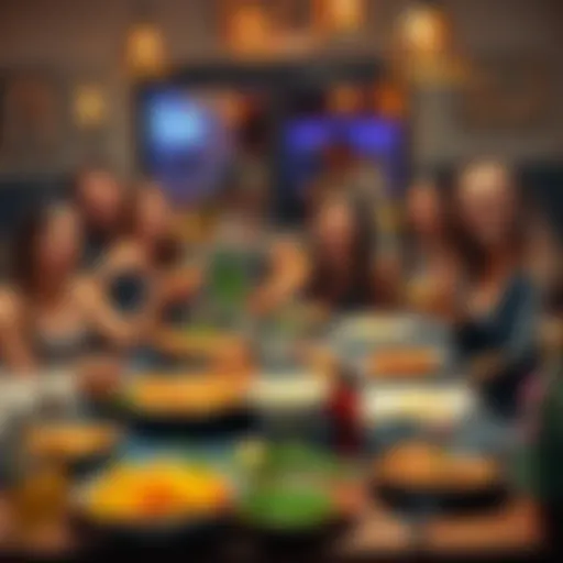 Group of friends enjoying a meal together A group of friends sharing a delicious meal, smiling and laughing around a dining table filled with various dishes.