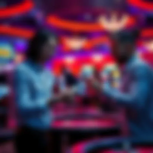 Two friends handing over a players card in a casino setting