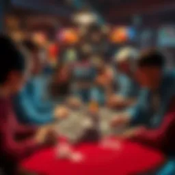 A group of friends gathered around a table playing poker, showing expressions of excitement and tension as they compete against each other.