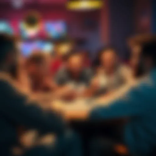 Group of guys laughing and placing unconventional bets during a poker night, featuring virtual horse racing and marble racing