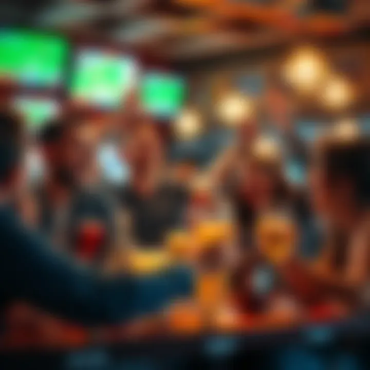 A group of friends celebrating a sports bet win at a lively bar, with drinks in hand and sports on TV