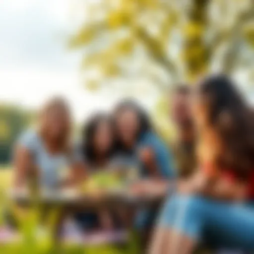 Group of friends laughing and having fun at a picnic in a park