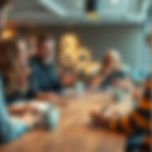 A group of people discussing frugal spending habits at a table with notebooks and coffee cups