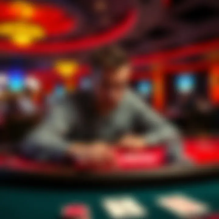 A person looking disappointed while sitting at a poker table in a casino, with chips and cards in front of them