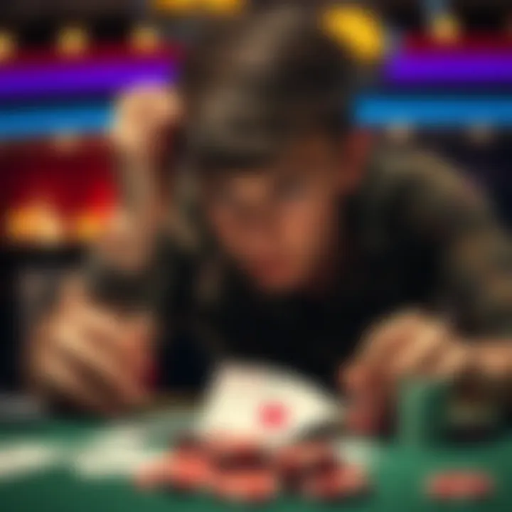 Frustrated gambler looking at cards A person with a confused expression staring at playing cards and chips on a table, symbolizing frustration in gambling.