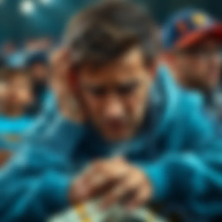 A frustrated Manchester City fan holding their head in disappointment after a recent game loss, surrounded by betting slips and team merchandise.